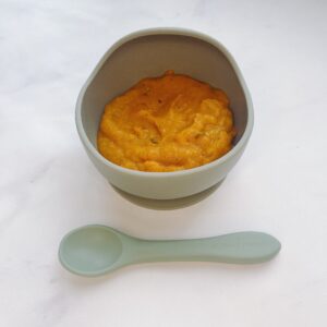 Butter nut Squash Soup in a sage baby bowl with a Scrummy Tummies Spoon
