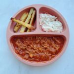 Dusty Rose divider plate with pulled pork, coleslaw and homemade chips in